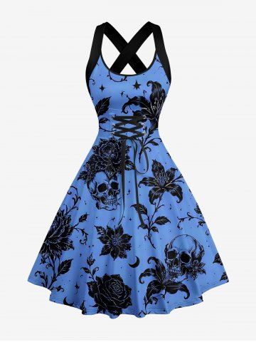 Skulls Flower Leaf Moon Print Hawaii Lace Up Crisscross Strappy A Line Dress - BLUE - S