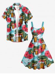 Dinosaur Beer - Tenue de plage hawaïenne assortie pour couples, imprimé fleurs d'hibiscus et feuilles tropicales - Turquoise Foncée 