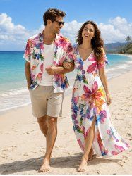 Ombre Flower Leaf Print Matching Hawaii Beach Outfit For Couples -  