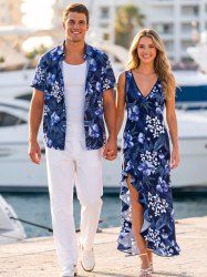 Hibiscus Flowers Leaf Print Matching Hawaii Beach Outfit For Couples -  