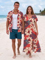Flowers Tropical Leaf Print Matching Hawaii Beach Outfit For Couples -  