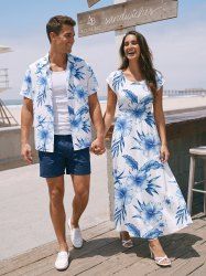 Hibiscus Flower Leaf Print Matching Hawaii Beach Outfit For Couples -  