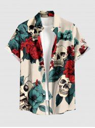 Skulls Flower Print Buttons Pocket Hawaii Shirt For Men -  