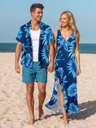 Tropical Leaf Flower Print Matching Hawaii Beach Outfit For Couples -  