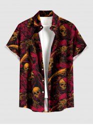 Halloween Skulls Scarf Sickle Print Buttons Pocket Shirt For Men -  