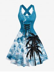 Coconut Tree Sea Waves Print Hawaii Lace Up Crisscross Strappy A Line Dress -  