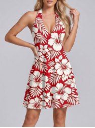 Robe trapèze hawaïenne à imprimé feuilles tropicales et fleurs d'hibiscus, décolleté plongeant et lien nuque - Rouge S