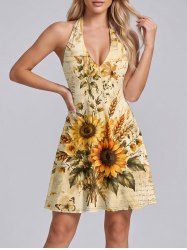Robe trapèze hawaïenne à imprimé tournesol, feuilles et libellules, décolleté plongeant et lien nuque - café lumière XS