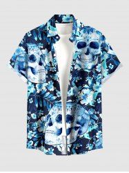 Ethnic Skulls Flower Tropical Leaf Print Hawaii Button Pocket Shirt For Men -  