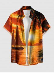 Chemise hawaïenne pour homme avec imprimé cocotier, soleil, paysage marin et voilier, à boutons et poche - Orange Foncé 6XL