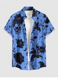 Skulls Flower Leaf Moon Print Hawaii Button Pocket Shirt For Men -  