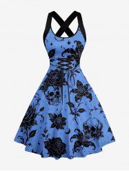 Robe trapèze à laçage croisé et fines bretelles, imprimé hawaïen crânes, fleurs, feuilles et lune - Bleu XXL