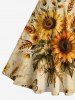 Robe trapèze hawaïenne à imprimé tournesol, feuilles et libellules, décolleté plongeant et lien nuque - café lumière XS