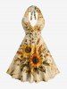 Robe trapèze hawaïenne à imprimé tournesol, feuilles et libellules, décolleté plongeant et lien nuque - café lumière XS