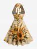 Robe A-line hawaïenne à décolleté plongeant et lien nuque, imprimé tournesol, fleurs, feuilles et libellules - café lumière S