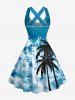 Coconut Tree Sea Waves Print Hawaii Lace Up Crisscross Strappy A Line Dress -  