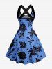 Robe trapèze à laçage croisé et fines bretelles, imprimé hawaïen crânes, fleurs, feuilles et lune - Bleu XXL