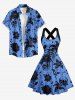 Robe trapèze à laçage croisé et fines bretelles, imprimé hawaïen crânes, fleurs, feuilles et lune - Bleu XXL