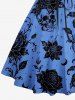 Robe trapèze à laçage croisé et fines bretelles, imprimé hawaïen crânes, fleurs, feuilles et lune - Bleu XXL