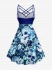 Robe trapèze à lanières entrecroisées, froncée, imprimé hawaïen crânes ethniques, fleurs et feuilles tropicales - Bleu profond XXS