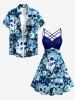 Robe trapèze hawaïenne à lanières entrecroisées et effet ruché, imprimé ethnique crânes, fleurs et feuilles tropicales - Bleu profond 3X