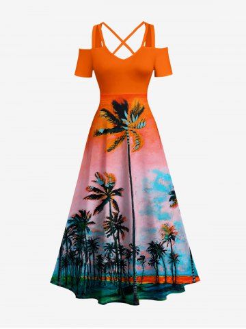 Robe maxi hawaïenne à épaules dénudées et liens croisés, imprimé cocotier dégradé ciel
