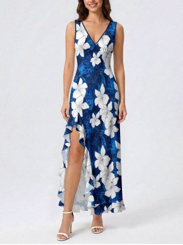 Robe surplice hawaïenne à volants et fente, imprimé 3D fleurs et paillettes - BLUE - M