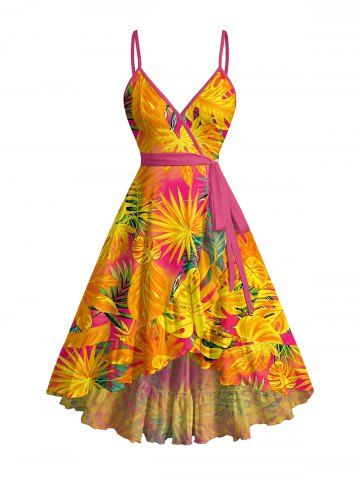 Tropical Leaf Print Ruffles Tulip Hem Surplice Hawaii Beach Cover Dress With Belt - ORANGE - L