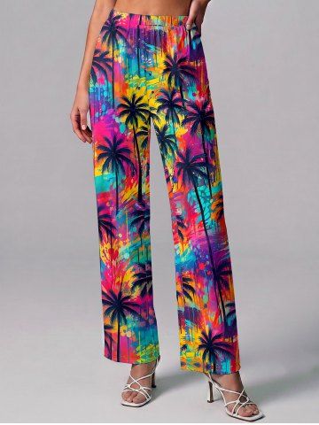 Coconut Tree Painting Graffiti Print Hawaii Wide Leg Pants - PURPLE - M