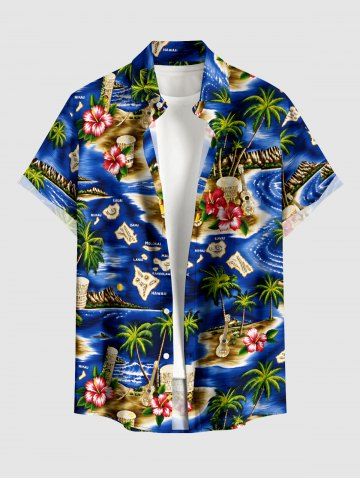 Chemise hawaïenne pour homme à motif paysage marin, cocotiers, fleurs d'hibiscus, avec boutons et poche - BLUE - 6XL