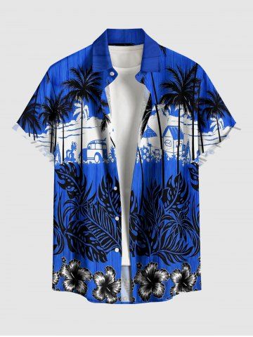 Coconut Tree Hibiscus Flower Tropical Leaf Print Buttons Pocket Hawaii Shirt For Men - BLUE - 6XL