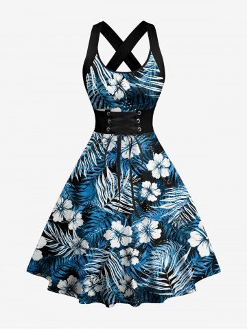 Robe débardeur hawaïenne à imprimé fleur d'hibiscus et feuilles tropicales, avec laçage croisé - LAKE BLUE - XL