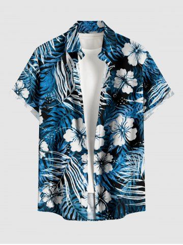 Chemise hawaïenne pour homme à imprimé fleur d'hibiscus et feuilles tropicales, avec boutons et poche - LAKE BLUE - 2XL