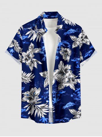Chemise hawaïenne pour homme à imprimé fleur d'hibiscus et cocotier, avec boutons et poche