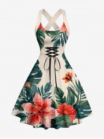 Robe trapèze à imprimé hawaïen de feuilles et de fleurs tropicales, à bretelles croisées et à lacets - TAN - XL