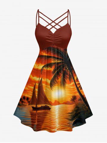 Robe hawaïenne à imprimé cocotier, soleil, paysage marin et voilier, avec bretelles croisées en treillis froncé - BURNT ORANGE - 5X