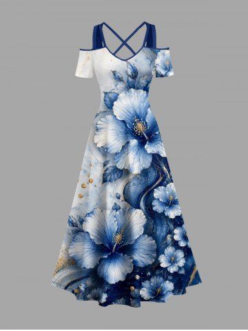 Robe maxi hawaïenne à épaules dénudées croisées, motif fleurs aquarelle, sequins scintillants et imprimé 3D - DEEP BLUE - 5X