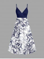 Robe camisole hawaïenne à imprimé fleurs et feuilles, décolleté croisé - Bleu profond 4X