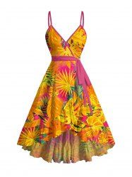 Robe de plage hawaïenne à imprimé feuilles tropicales, volants, ourlet tulipe, décolleté croisé, avec ceinture - Orange XXL