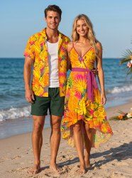 Tropical Leaf Print Matching Hawaii Beach Outfit For Couples -  