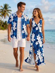 Flowers Glitter 3D Print Matching Hawaii Beach Outfit For Couples -  