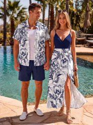 Flowers Leaf Print Matching Hawaii Beach Outfit For Couples -  