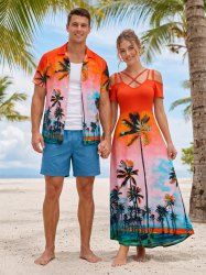 Tenue de plage hawaïenne assortie pour couples avec imprimé ciel dégradé cocotier - Orange vif 