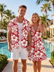 Tropical Leaf Hibiscus Flower Print Matching Hawaii Beach Outfit For Couples -  