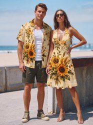 Sunflower Flower Leaf Dragonfly Print Matching Hawaii Beach Outfit For Couples -  