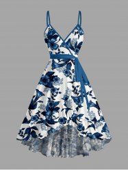 Robe de plage asymétrique à volants Hawaï, imprimé feuilles, fleurs et branches, avec ceinture - Bleu profond XS