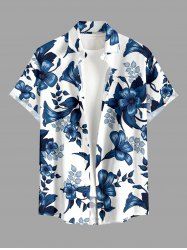 Chemise hawaïenne pour homme à imprimé feuilles, fleurs et branches, avec boutons et poche - Bleu profond S