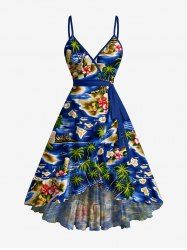 Seascape Coconut Tree Hibiscus Flowers Print Ruffles Tulip Hem Surplice Hawaii Beach Cover Dress With Belt -  