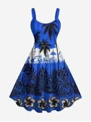 Robe débardeur hawaïenne à imprimé cocotier, fleur d'hibiscus et feuilles tropicales (bretelles ajustables) - Bleu XXS