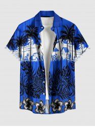 Chemise hawaïenne pour homme à imprimé cocotier, fleur d'hibiscus et feuilles tropicales, avec boutons et poche - Bleu S